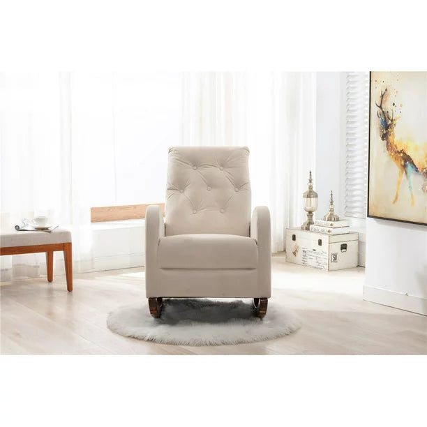 Living Room Rocking Chair, Comfortable Rocker Fabric Padded Seat, Lounge Chair Relax Chair Cushion, Modern High Back Armchair for Nursery, Living Room, Bedroom, Beige