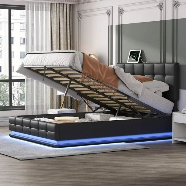 Queen Size Platform Bed, Lift Storage Bed, Tufted Upholstered Platform Bed with Hydraulic Storage System, Queen Size PU Storage Bed with LED Lights and USB Charger, No Box Spring Needed, Black