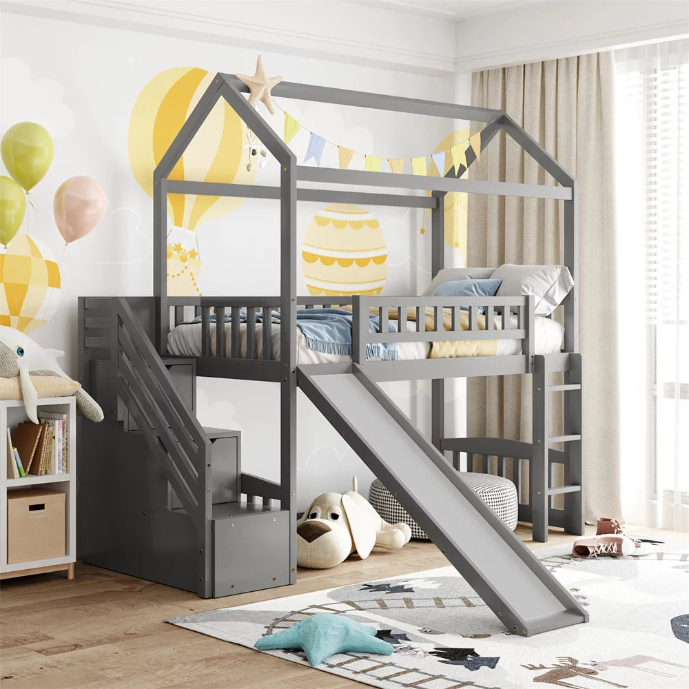House Loft Bed with Roof, Slide and Stairs, Solid Wood Twin Size Loft Bed Frame with Full-Length Guardrail & Ladder & Storage Stairway & Handrails, Saving-Space House Bed, No Spring Box Needed, Gray