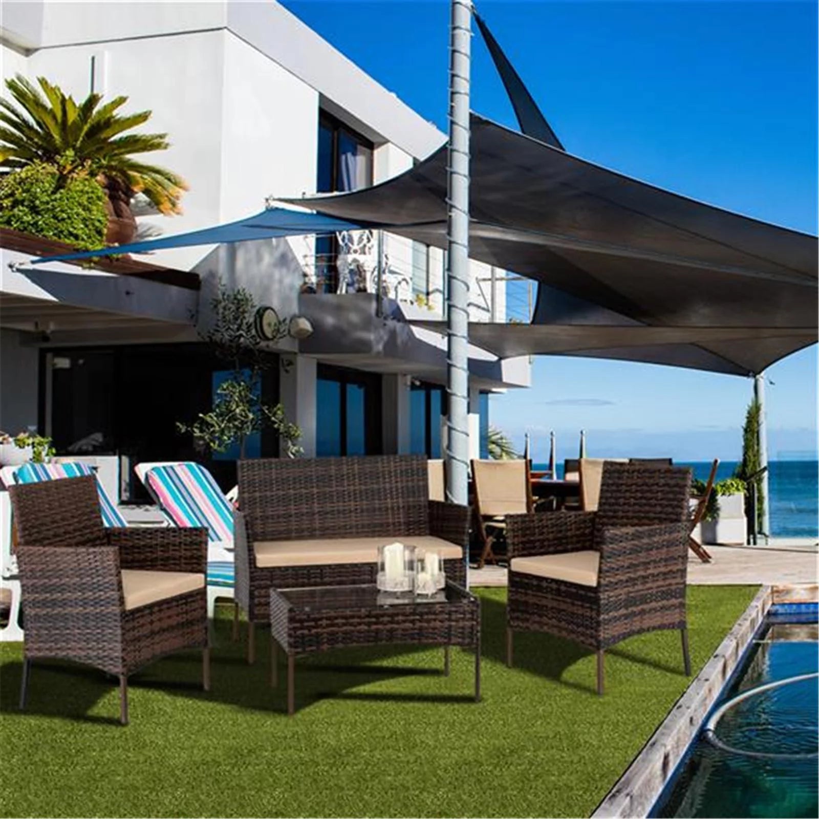 4 Piece Patio Furniture Set, 2pcs Arm Chairs 1pc Love Seat & Tempered Glass Coffee Table Rattan Sofa Set for Garden, Backyard, Porch, Balcony, Lawn, Poolside, Brown Gradient