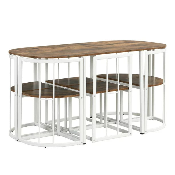 7-Piece Dining Table Set with Faux Marble, Modern Compact 55Inch Kitchen Table Set for 6, Simple Dining Marble Table with 2 Middle Chairs and 4 Triangular Chairs for Dining Room Kitchen, White+Cherry