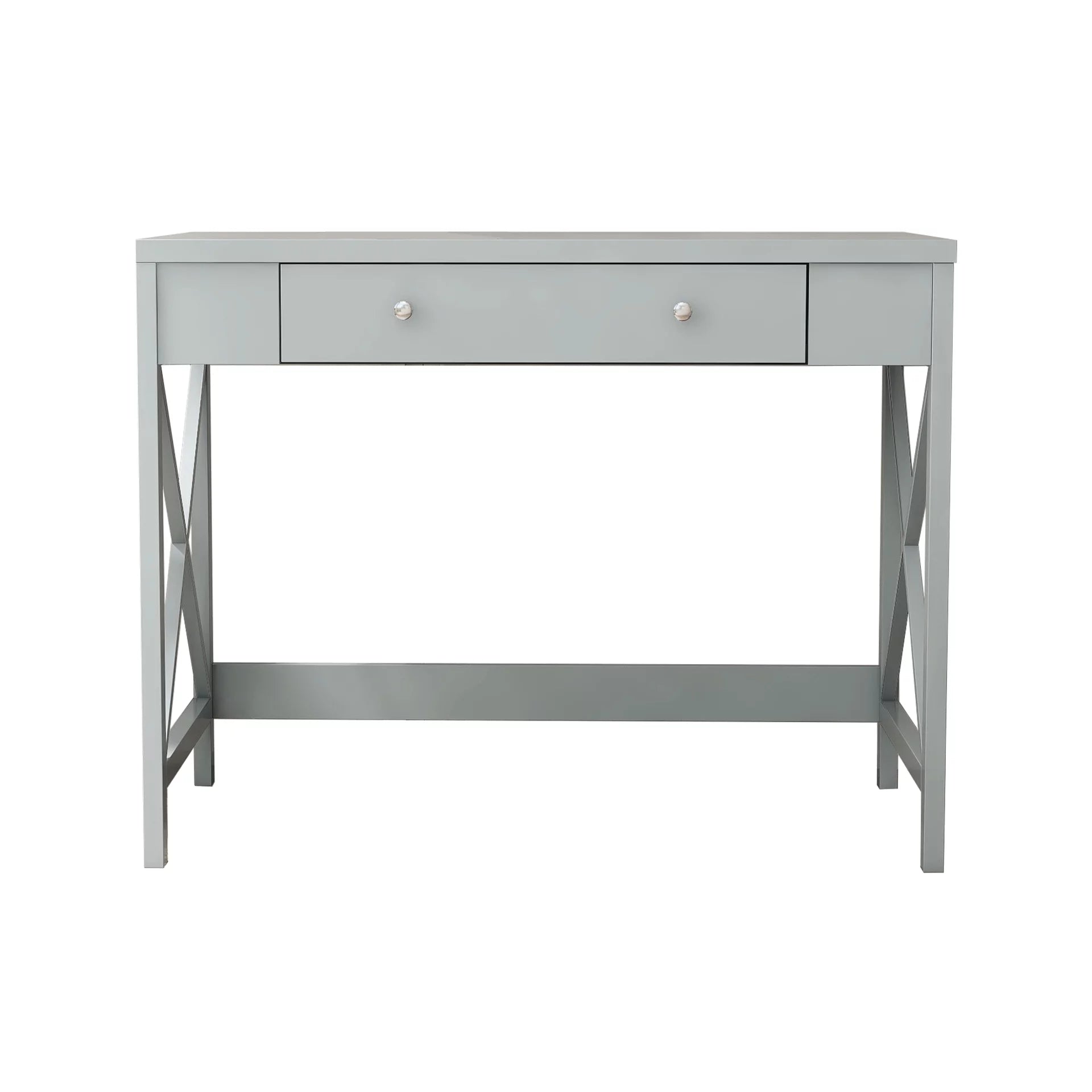 Modern Writing Computer Desk with 1 Storage Drawer, Home Office Wood Study Table Makeup Vanity Table Desk with X-Leg Design, Accent Console Table for Living Room, Bedroom and Office, Gray
