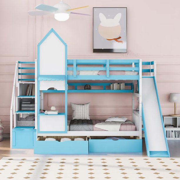 Wood Bunk Bed, Twin-Over-Twin Castle Style Bunk Bed with 2 Drawers and 3 Shelves, Playhouse Inspired Bunk Bed with Slide and Storage Staircase, No Box Spring Needed, Blue