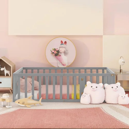 Full Size Montessori Floor Bed for Kids,Solid Wood Floor Bed Frame with Fence and Door, Bed Frame for Kids Toddlers,Box Spring Needed