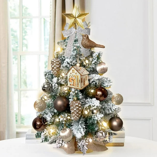 2ft Mini Christmas Tree, Tabletop Xmas Tree with Light, Decoration, Flocked Snow, Top Star, Christmas Decor & Xmas Ornaments for Home & Office, Brown