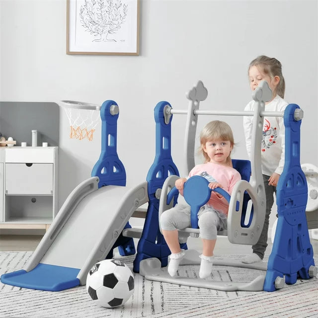 3 in 1 Toddler Slide and Swing Set, Indoor Playground Jungle Gym with Slide & Adjustable Swing & Basketball Hoops & 3-step Ladder, Freestanding Combination Climber Swing Playset Amusement Park, Blue