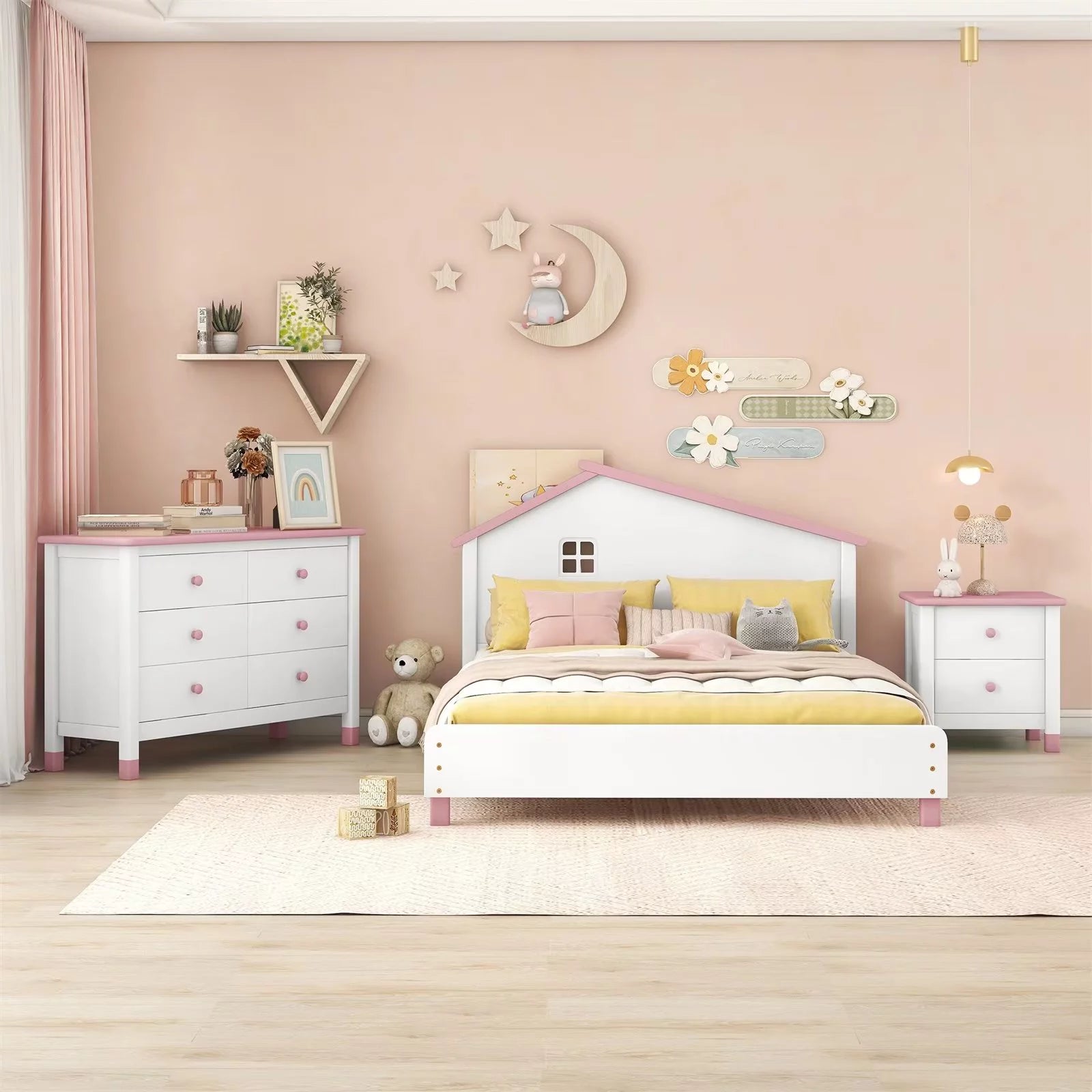 3-Piece Bedroom Furniture Set, Full Size Platform Bed Frame with Cute Nightstand & Storage Six-drawer Dresser for Kids Teens Bedroom, No Box Spring Required, Pink&White