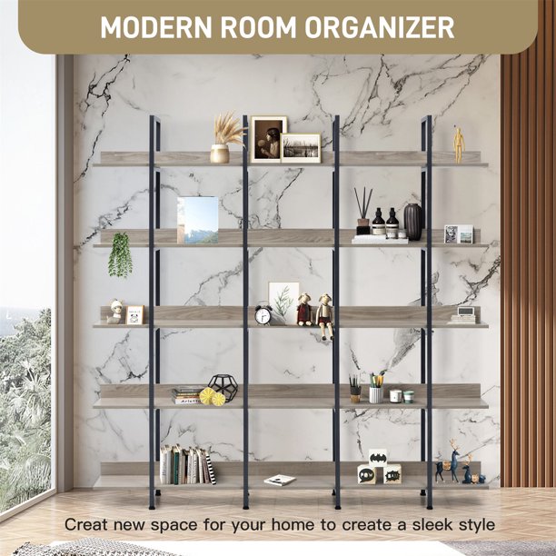 5 Tier Bookcase, Home Office Open Bookshelf, Vintage Industrial Display Shelf with Metal Frame and MDF Board, Modern Organizer Shelving Units Storage Rack for Living Room Bedroom, Grey
