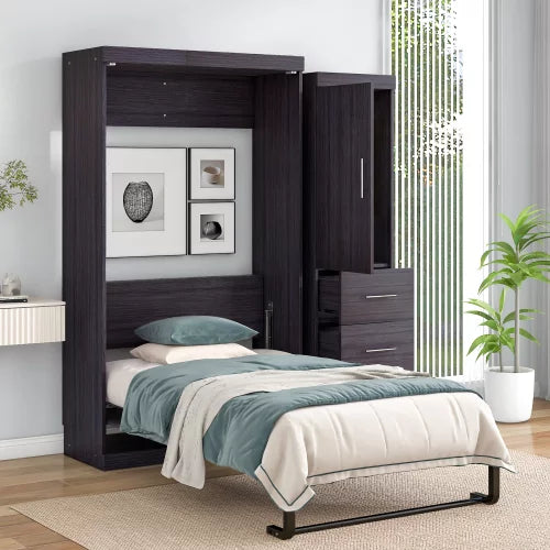 Twin Size Mobile Murphy Cabinet Bed with Wardrobe and 3 Drawers, Traditional Solid Wood Murphy Bed Chest Storage Bed, Can be Folded into a Cabinet,for Guest Room Home Office,No Spring Box Needed