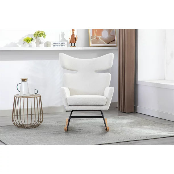 Rocking Accent Chair,Upholstered Glider Rocker Chair with Fabric Padded Seat and Solid Wood Base,High-Backrest Armchair Side Chair,Comfortable Nursery Chair for Living Room Bedroom Office,Beige