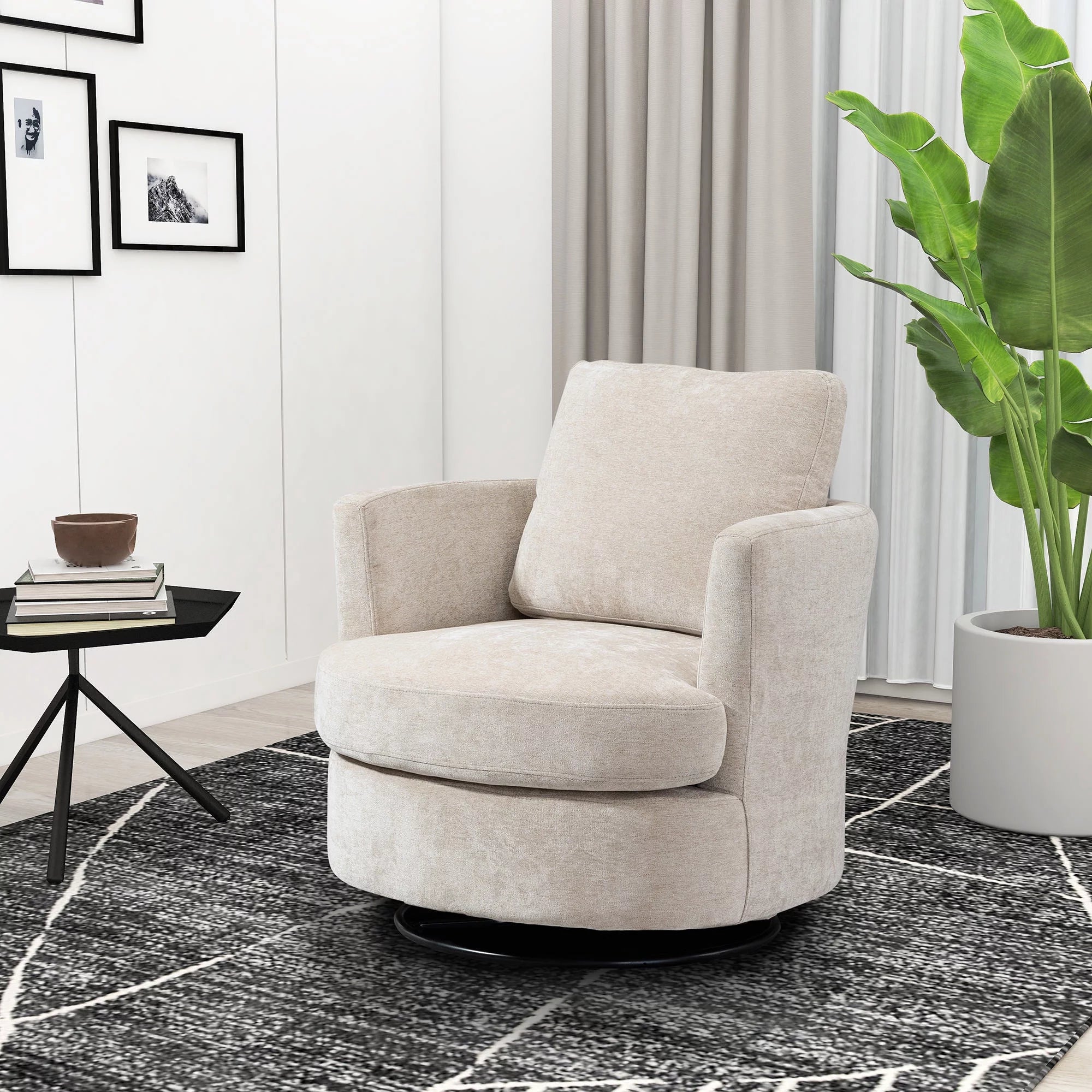 31.9"W Chenille Swivel Accent Barrel Chair, Modern Round Oversized Barrel Chairs, Sofa Lounge Accent Chair, 360 Degree Club Chair, Leisure Arm Chair for Bedroom, Living Room, Hotel, Office, Beige
