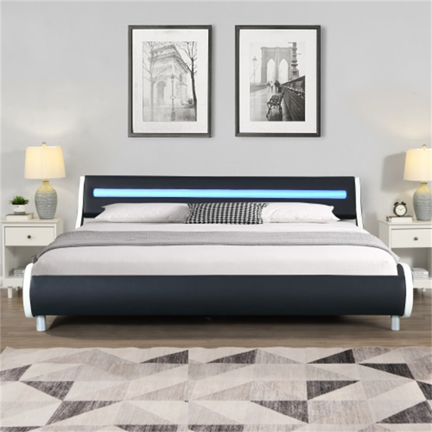 King Size Platform Bed with LED Light Headboard, Faux Leather Upholstered Platform Bed Frame with Curve Design and Wood Slat Support, No Box Spring Needed, Easy Assemble, Black White