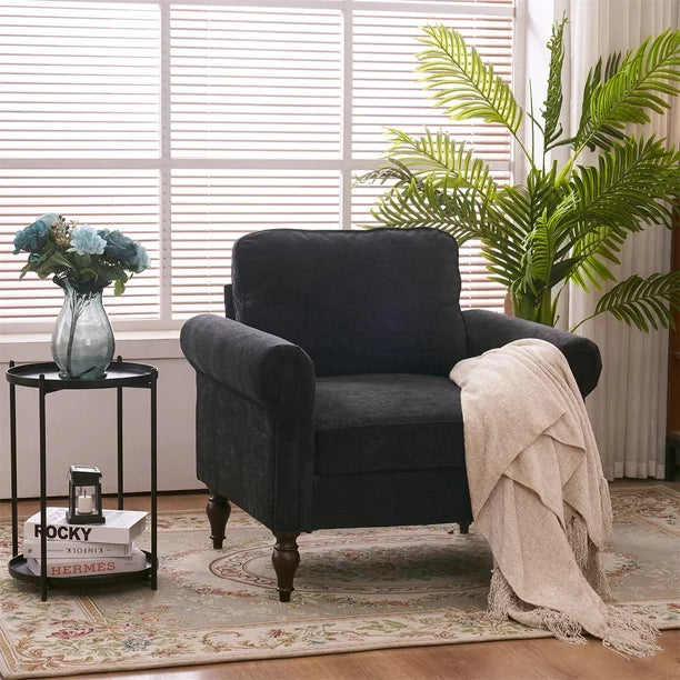 Upholstered Accent Chair, Indoor Single Sofa Chair with Curved Armrest and Solid Wood Gourd Foot, Comfy Lounge Armchair, Modern Reading Chair for Living Room Bedroom Office, Black