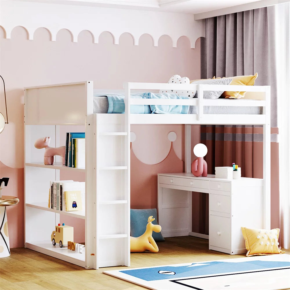 Loft Bed with Desk, 3 Shelves and 5 Drawers, Wooden Full Size Loft Bed Frame with Full-Length Guardrail and Ladder, Multifunctional Loft Bed with Under Bed Storage & Workstation for Boys Girls, White