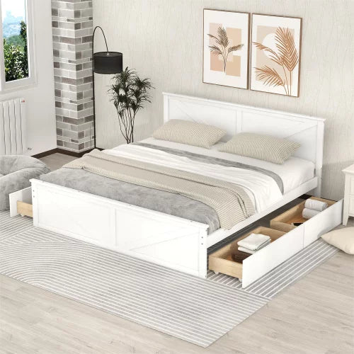King Size Platform Bed Solid Wood Platform Bed with Four Storage Drawers and Support Legs, No Need Spring Box, White