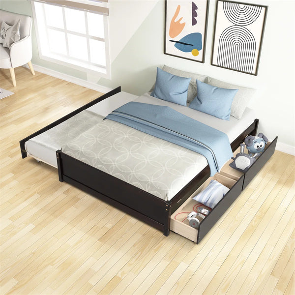 Full Platform Bed with Twin Size Trundle, Full Bed with Two Drawers for Kids and Adults, Solid Pine Wood Upholstered Bed Frame with Slats for Bedroom Living Room, No Box Spring Needed, Espresso