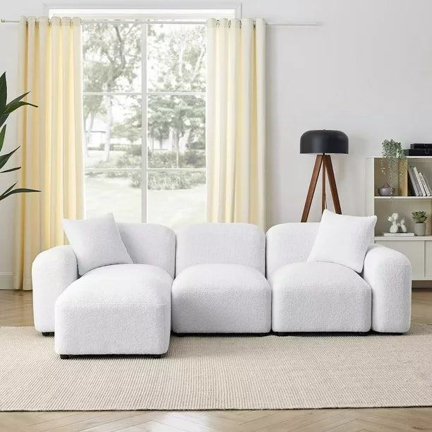 L-Shaped Sofa Couch,Modular Sectional Sofa Couch with Thick Cushion and Soft Backrest,Upholstered DIY Combination Futon Sofa for Living Room Apartment,White Teddy