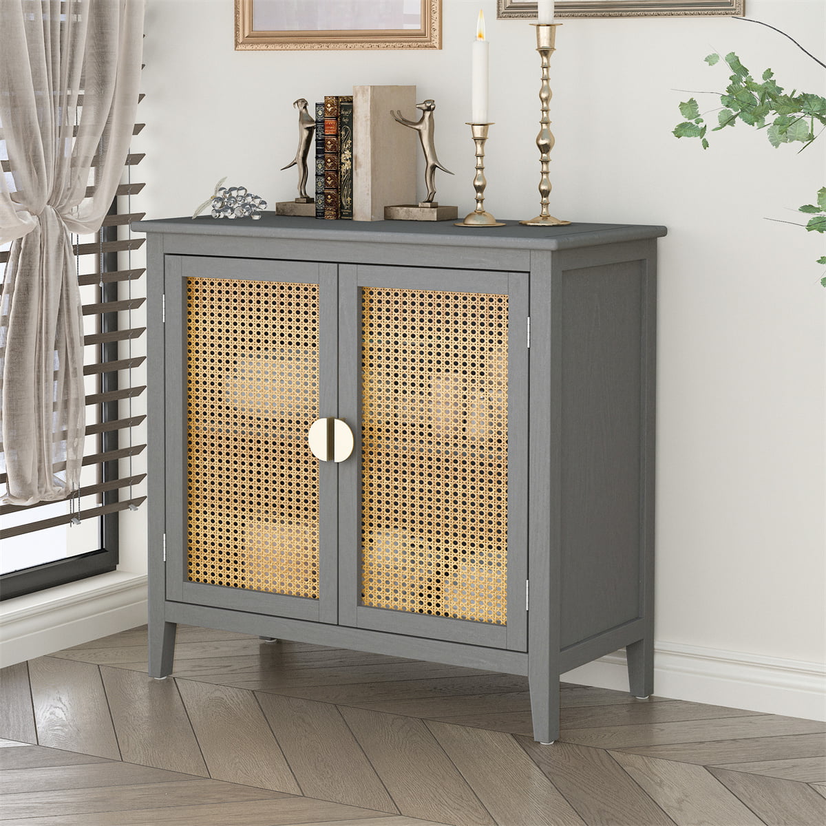 Rattan Cabinet,2-Tier Buffet Sideboard,Accent Storage Cabinet with 2 Rattan Doors,Farmhouse Sideboard with Adjustable Shelves,Natural Wood Side Cabinet Entryway Table for Living Room Bedroom,Gray