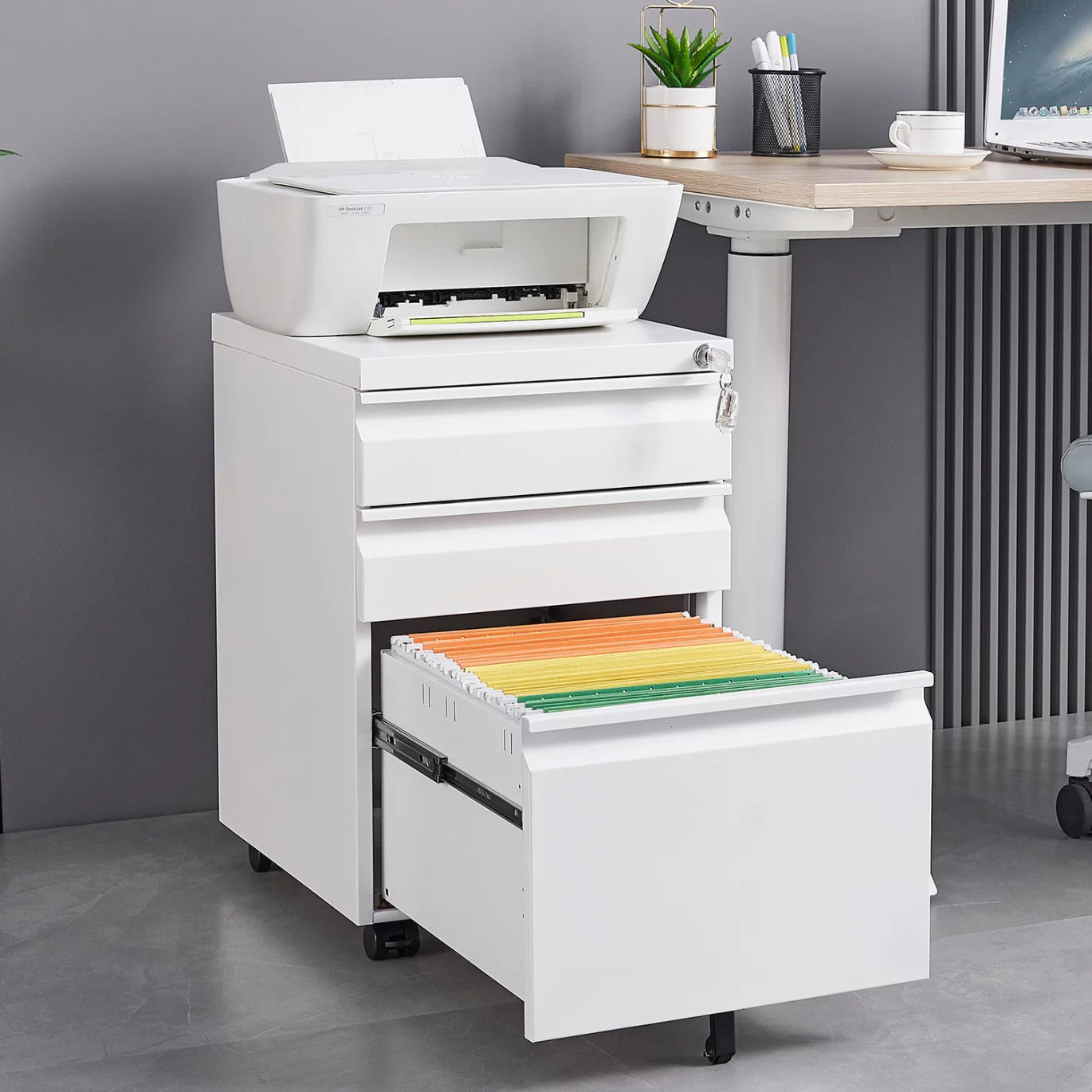 3 Drawer Mobile File Cabinet with Lock, Metal Rolling Filing Cabinet, Under Desk Mobile File Cabinet with 360° Swivel Lockable Casters, for Legal/Letter/A4 Size File Folders, White