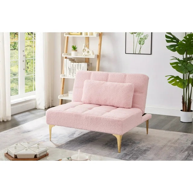 35.5 Inch L Modern Teddy Convertible Single Futon Sofa Bed with 1 Pillow, Multifunctional Armless Futon Chair with Metal Legs, Comfy Sofa Chair for Living Room, Office, Studio, Apartment, Pink