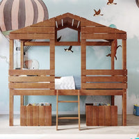 Twin Size Low Loft Bed with 2 Storage Drawers, House Shaped Loft Bed with Roof and Windows, Wood Playhouse Bed for Kids Boys Girls, No Box Spring Needed, Walnut
