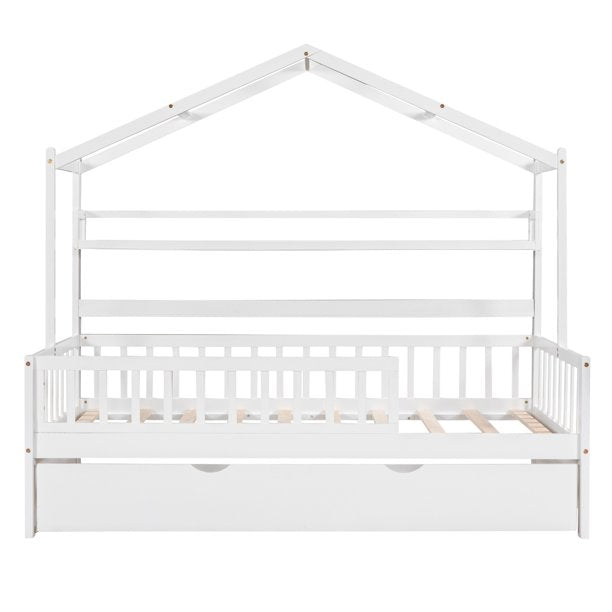 House Bed with Trundle, Twin Fence Railings Kids Cottage Beds Wood Pla