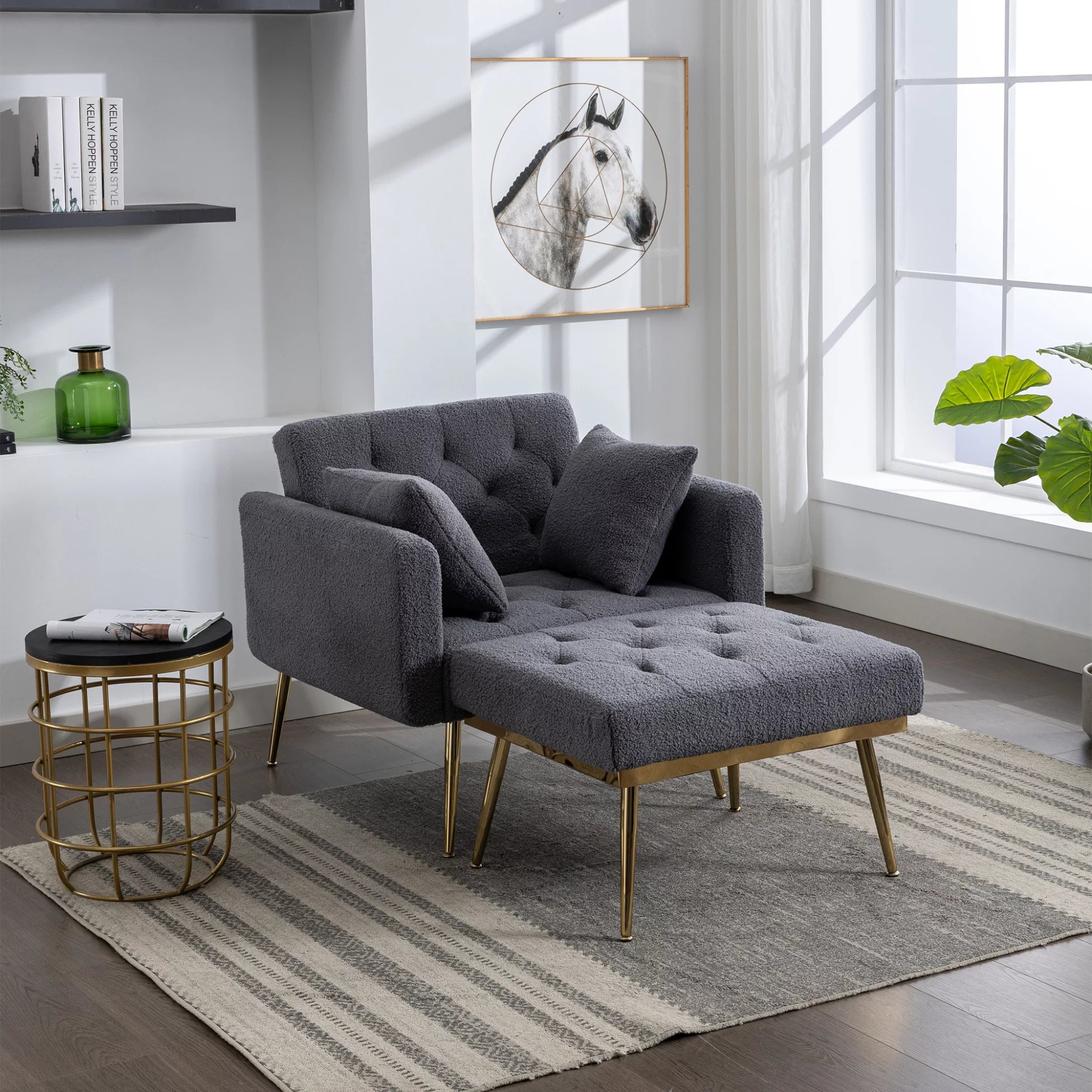 36.61'' Wide Modern Accent Chair With 3 Positions Adjustable Backrest,Single Recliner Armchair With Ottoman and Gold Legs,Tufted Chaise Lounge Chair for Living Room,Bedroom,Gray