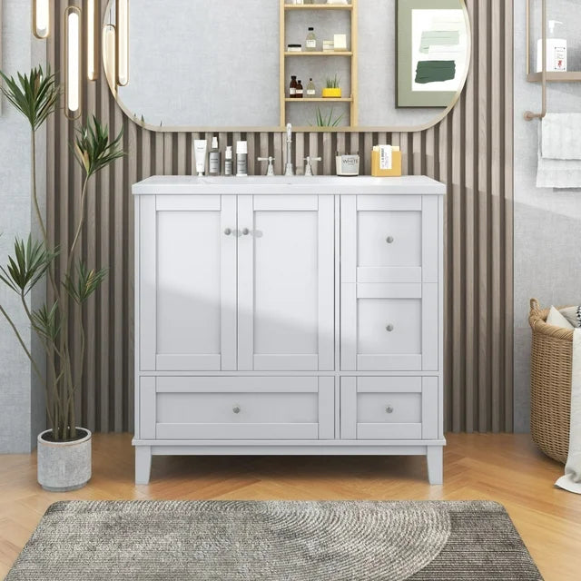 36 Inch Bathroom Vanity with Sink and USB Charging, Modern Bathroom Sink Cabinet with Two Doors and Three Drawer, Bathroom Storage Vanity Cabinet with Single Top Sink, Faucets Not Include, White