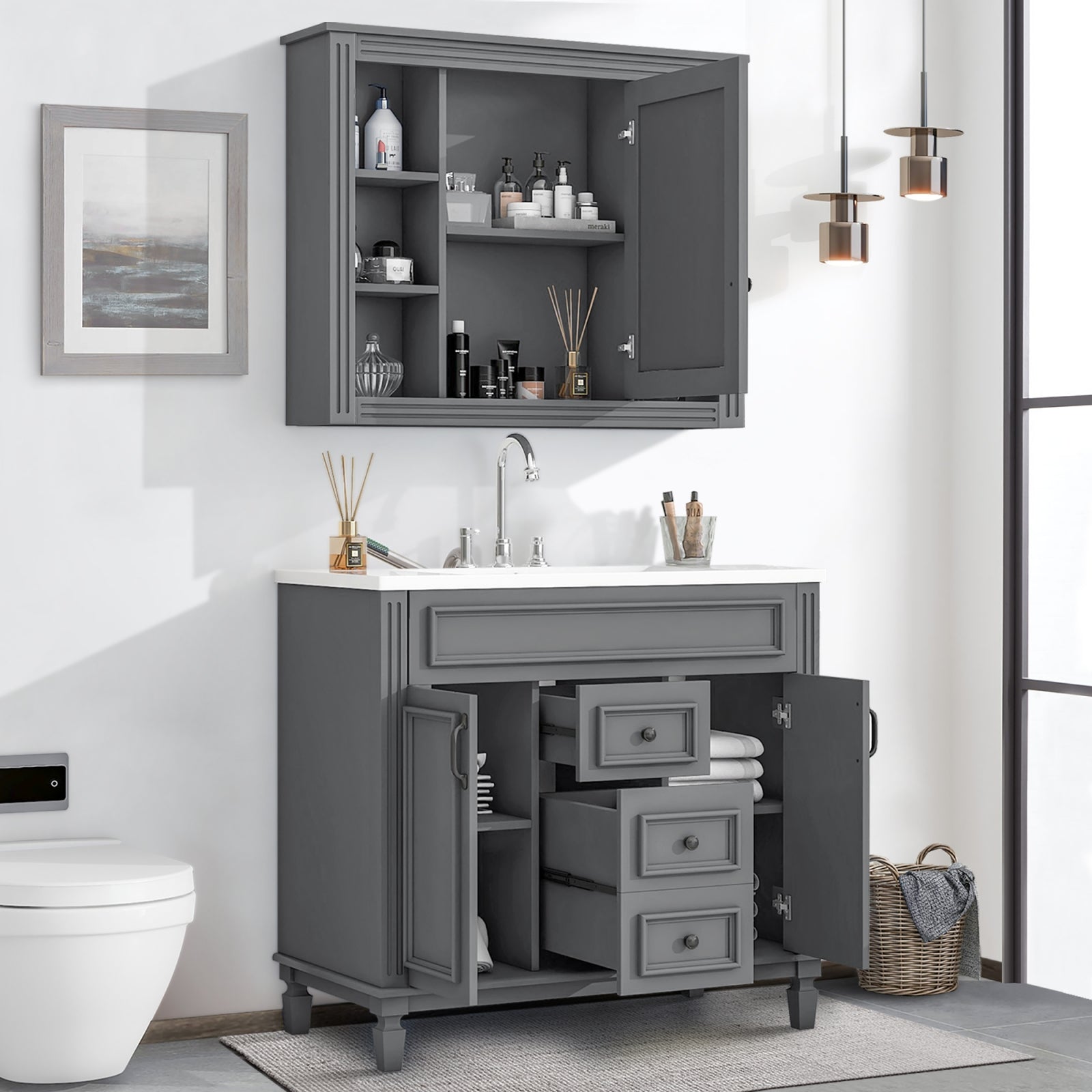 36" Bathroom Vanity Set with Resin Sink and Wall Mounted Mirror Cabinet, Modern Freestanding Single Cabinet Combo with Storage Shelves & 2 Drawers & 2 Soft Closing Doors, Vintage Handles, Gray