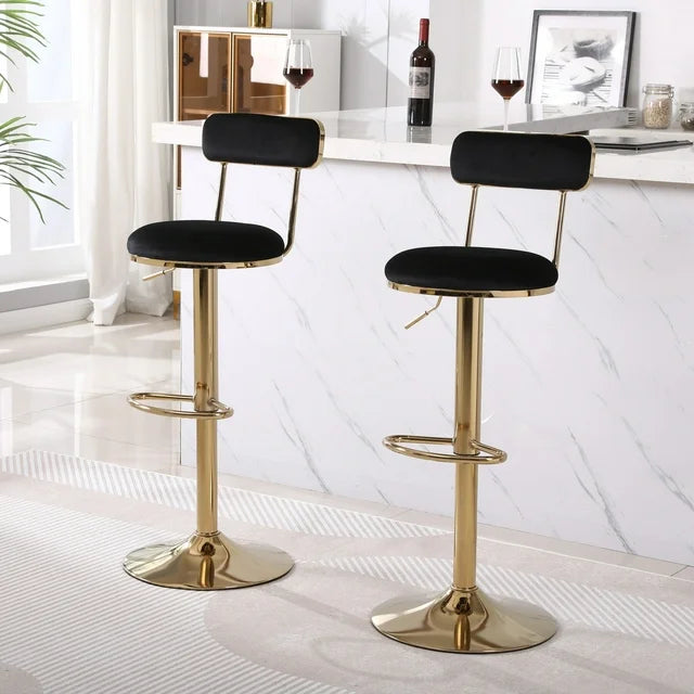 360° Swivel Bar Stools Set of 2, Velvet Bar Chairs with Open Back, Adjustable Counter Height Bar Stools for Kitchen Island, Cafe, Pub, Bar Counter
