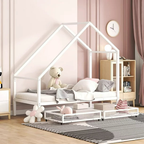 Metal Bed Frame, Twin Size House Bed with 2 Storage Drawers and Roof for Kids,Teens, Playhouse Design Bed Frame with Slats Support, No Box Spring Required, White
