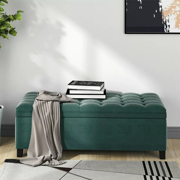 Storage Ottoman Bench, 46.5'' Upholstered Storage Ottoman with Safety Hinge, Lift Top Ottoman Bench for Bedroom, Entryway, Living Room, Green