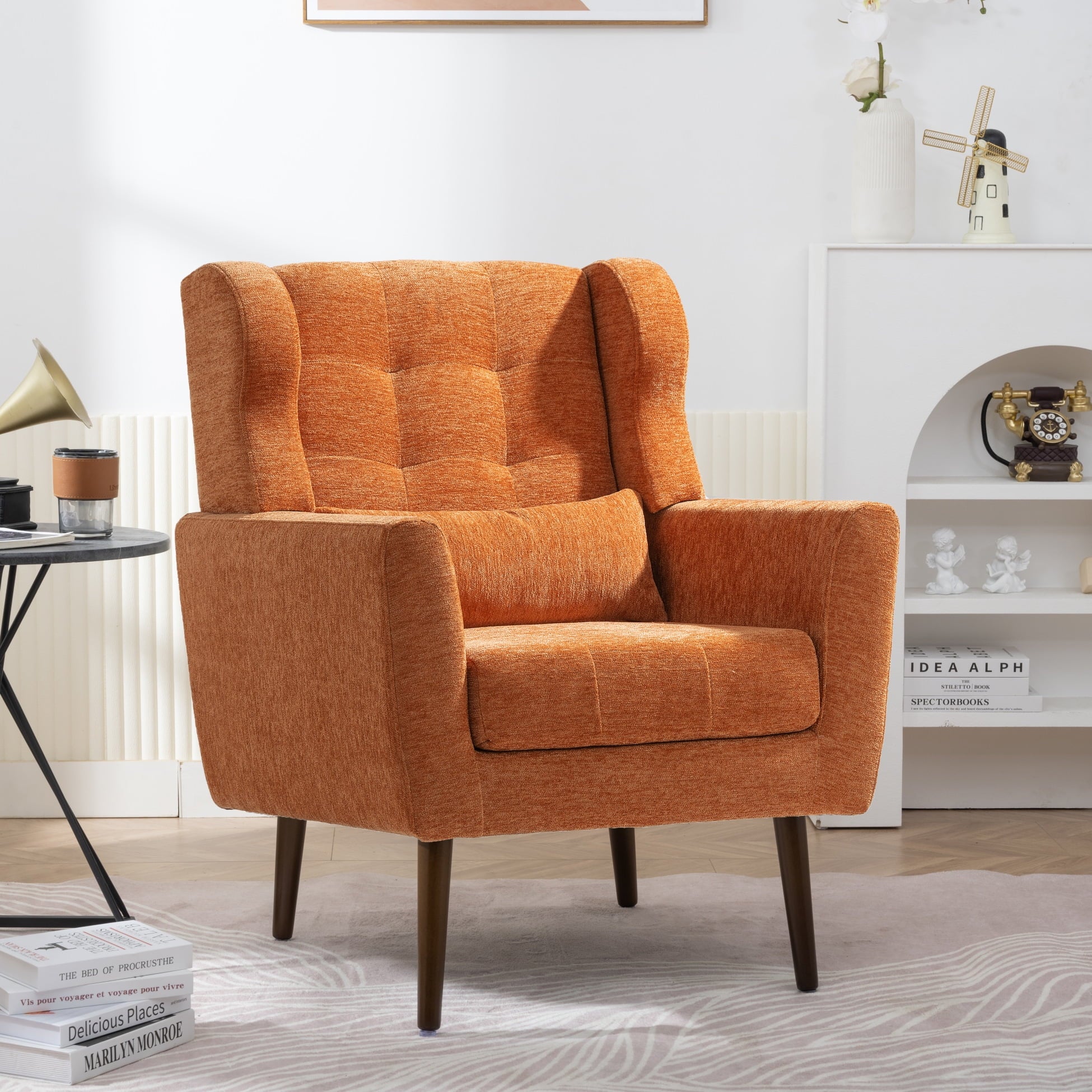 37.6 Inch Chenille Accent Chair, Modern Wing Chair with Upholstered Cushion and Pillow, Comfy Lounge Armchair for Living Room, Bedroom, Office, Orange