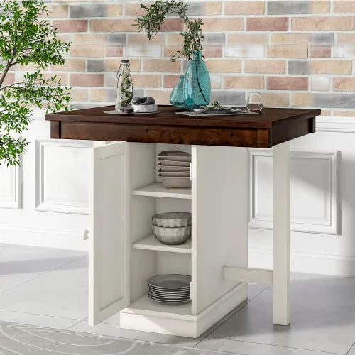 Farmhouse Vintage Counter Height Dining Table with Storage, Square Wood Table with 3-Tier Adjustable Storage Shelves and Wine Racks for Dinging Room,Kitchen Restaurant