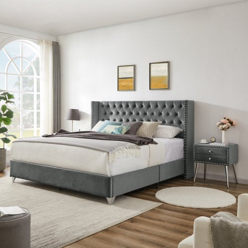 King/Queen Size Platform bed with 1 nightstand, Heavy DutyBed Frame with Upholstered Button Tufted Headboard,strong wooden slats & metal legs,No Box Spring Needed, Noise Free