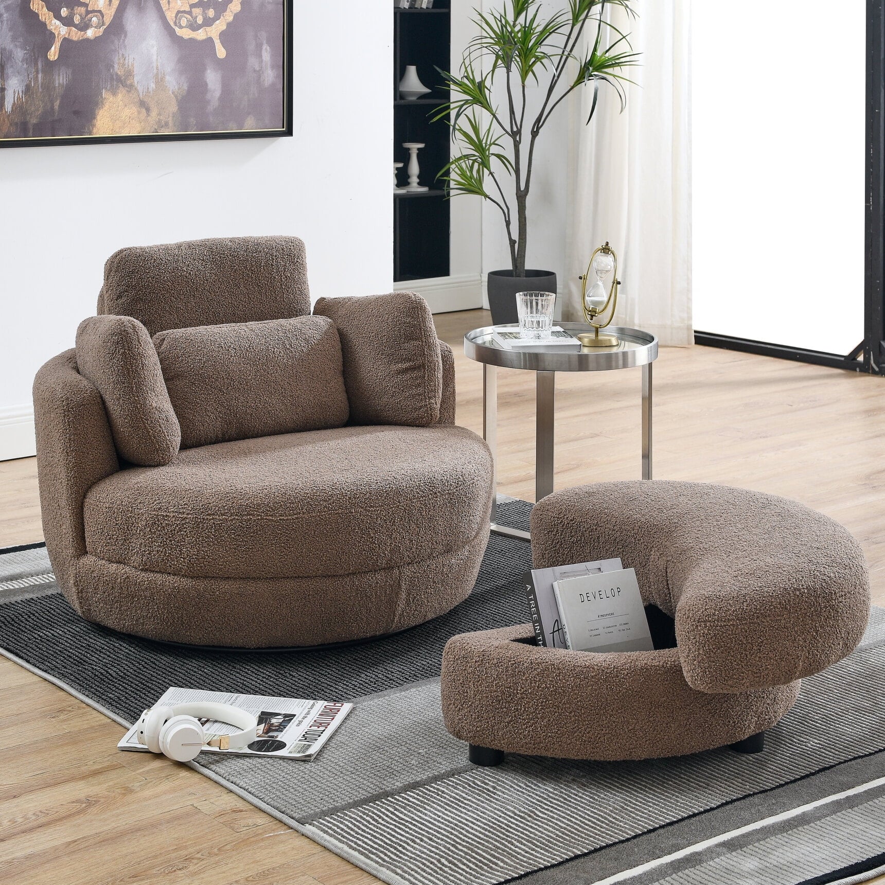 39"W Oversized Swivel Accent Chair with Moon Storage Ottoman, Round Swivel Barrel Chair with 4 Pillows,Loveseat Sofa Chair Lounger Armchair for Living Room,Coffee