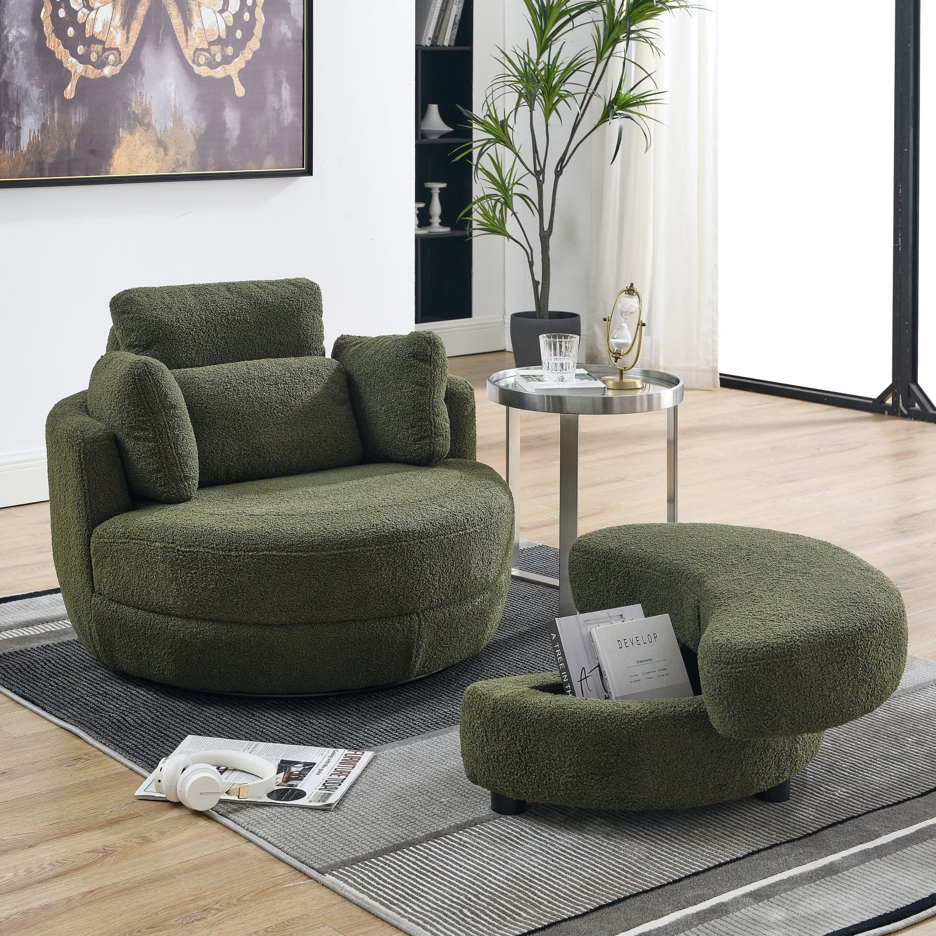 39"W Oversized Swivel Accent Chair with Moon Storage Ottoman, Round Swivel Barrel Chair with 4 Pillows,Loveseat Sofa Chair Lounger Armchair for Living Room,Green