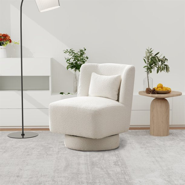 Swivel Accent Chair and Comfy Accent Sofa Chair, Boucle 360 Degree Swivel Barrel Club Chair with a Pillow, Leisure Chair for Bedroom Living Room Lounge Hotel Office, Ivory Boucle