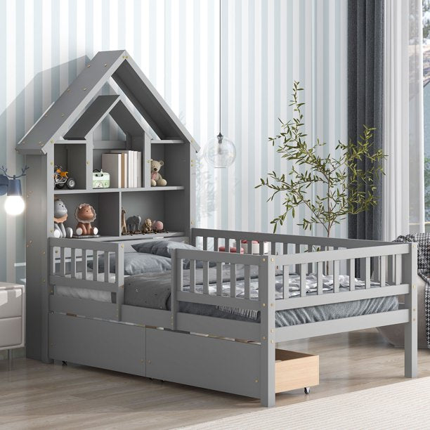 Twin Bed Frame with Fence Railings and House-Shaped Storage Headboard, Wood House Shape Twin Size Platform with 2 Drawers for Kids Boys Girls, Safety Guardrails Design, Gray