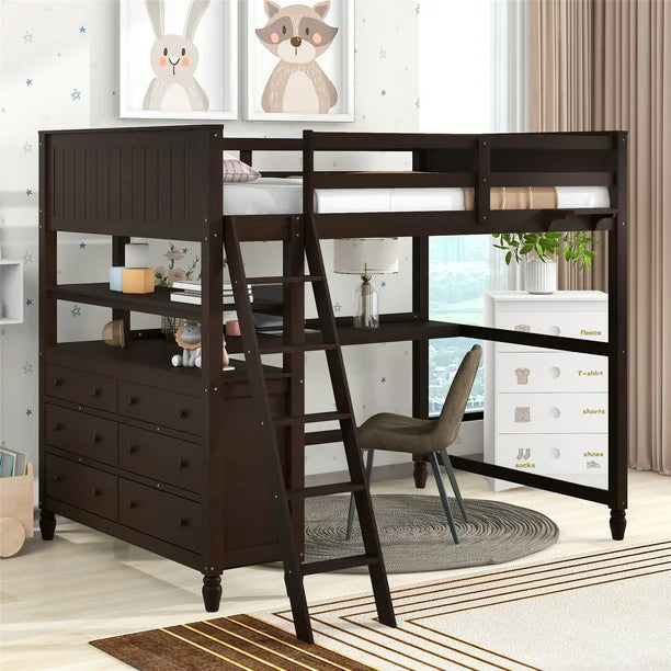 Full Size Loft Bed with Desk and Storage Cabinet, Wooden Loft Bed with Shelves and Drawers for Kids Teens, No Box Spring Needed, Espresso 80.5''L x 71.6''W x 69.7''H