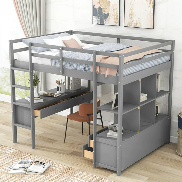 Full Size Loft Bed with Built-in Desk with Two Drawers, Storage Shelves and Drawers, Solid Wood Loft Bed Frame with Built-in Ladder and Guardrails for Kids Teens Adults, Maximized Space, Gray