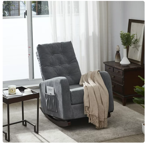 High Back Rocking Chair, Nursery Chair with Side Pocket, Linen Fabric Single sofa Chair, Lazy Sofa Balcony Reclining Chair, Padded Armchair, for Living Room,Bedroom,Office,Antique Gray