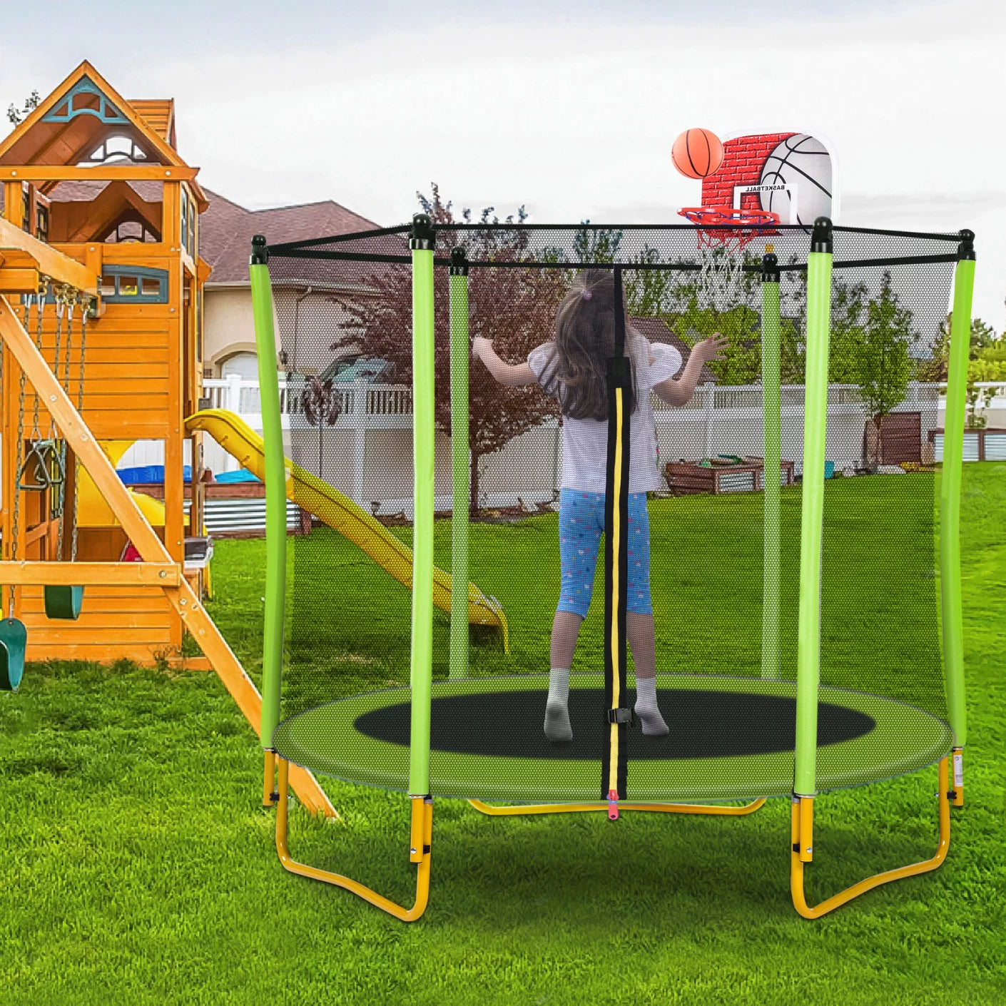 5.5FT Trampoline for Kids, 66'' Outdoor Trampoline for Kids with Basketball Hoop and Ball, Indoor Mini Toddler Trampoline with Enclosure Net and Legs, for Kids Age 1-8, Green