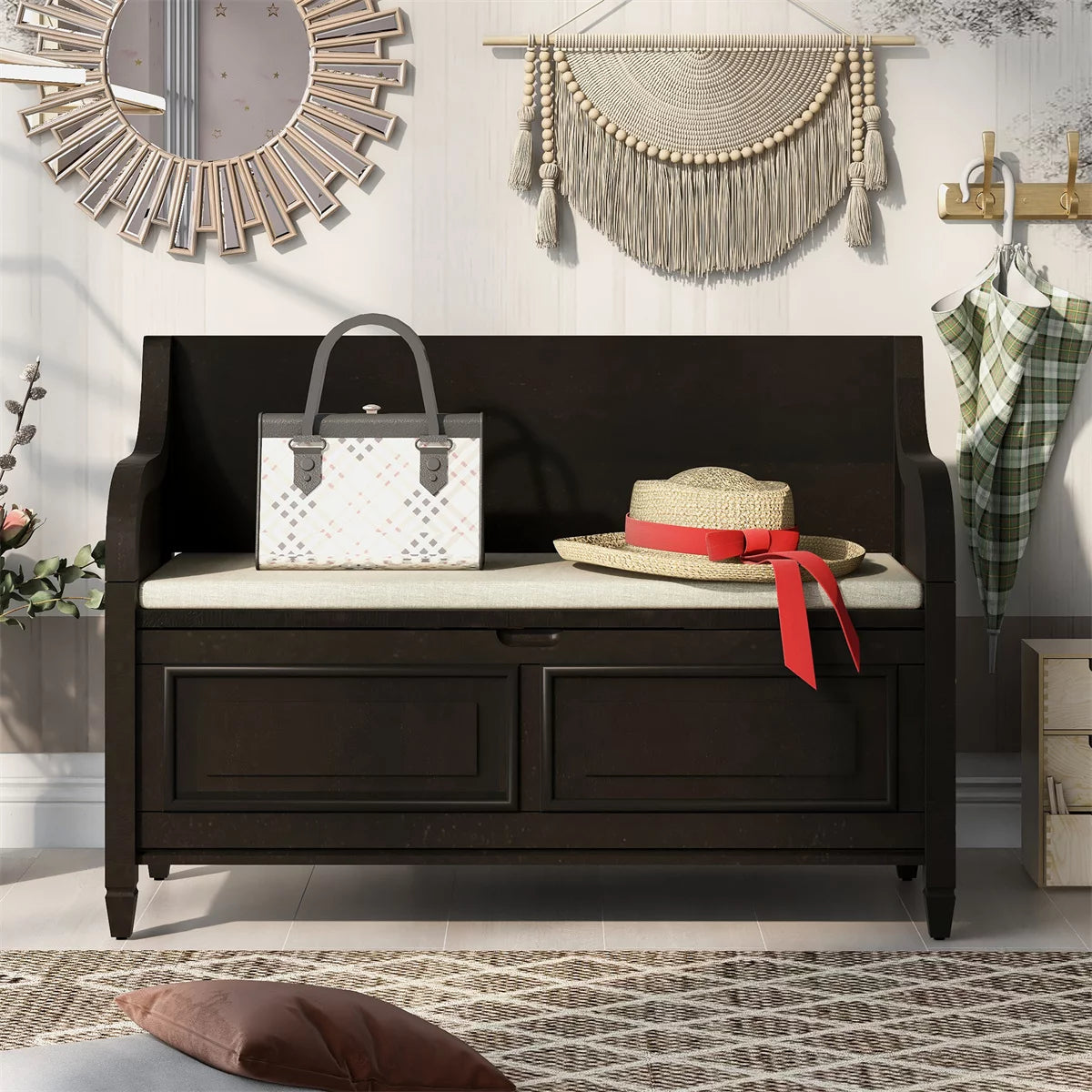 42" Storage Bench, Rustic Entryway Bench with Safety Hinge, Wood Bed Ottoman Bench with Cushion for Living Room Bedroom, Espresso