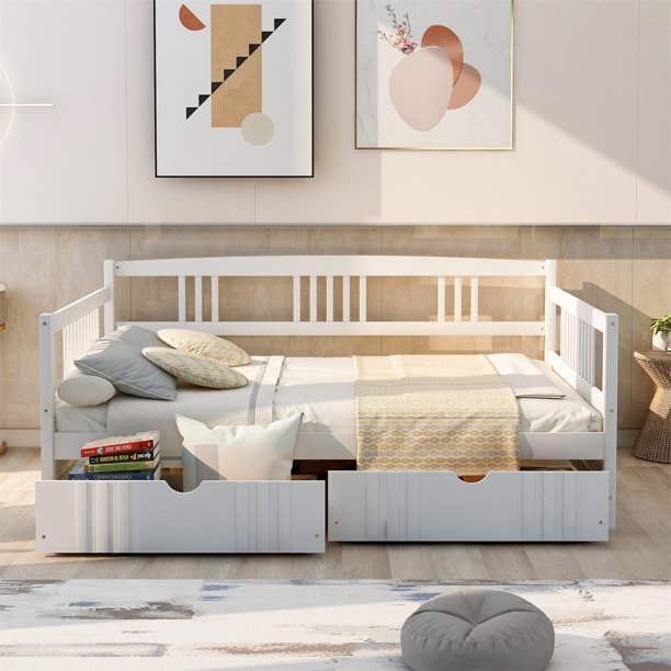 Full Size Daybed with 2 Storage Drawers, Wooden Daybed Frame with Guardrails for Kids Teens Adults, Dual-use Sturdy Sofa Bed with Slat Support for Bedroom Living Room, No Box Spring Needed, White