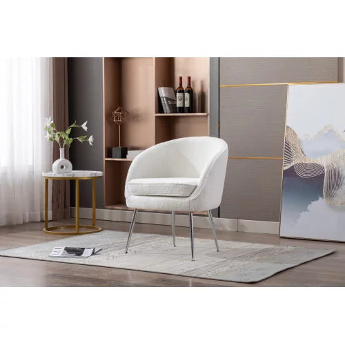 Modern Accent Chair with Arms, Tufted Decorative Single Sofa Fabric Armchair with Gold Metal Legs, Teddy Fabric Armchair Dining Chair, Upholstered Reading Chair for Living Room Bedroom Office White