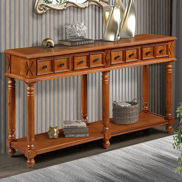 58" Console Table, Retro Entryway Table with 2 Same Size Drawers and Bottom Storage Shelf, Farmhouse Wood Long Sofa Table Accent Side Occasional Table for Living Room Bedroom Hall Corridor, Brown