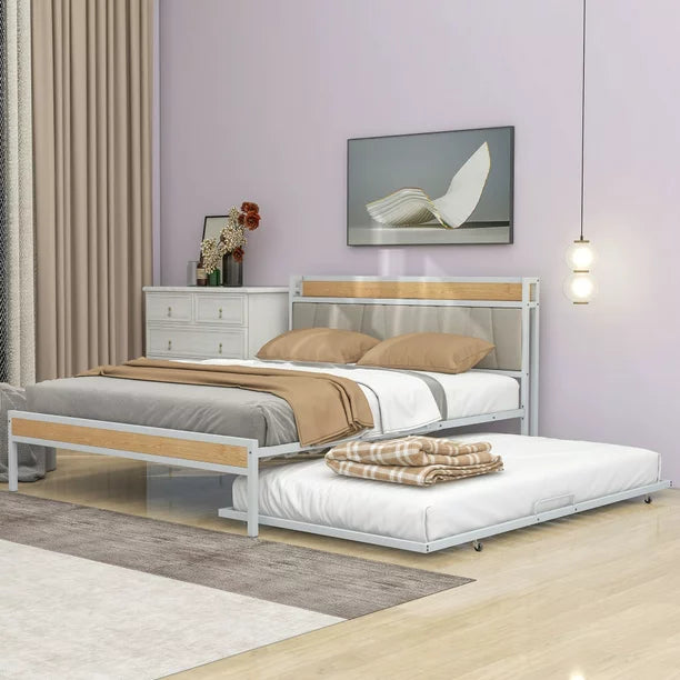 Queen Size Platform Bed with Twin Size Trundle ,Metal Platform Bed Frame with Upholstered Headboard and USB Ports,Space Saving Platform Bed for Bedroom Apartment,White