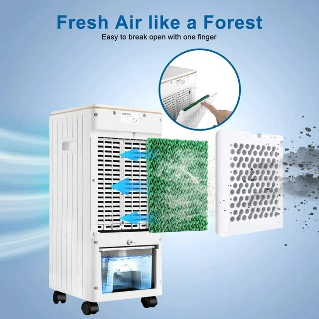 Evaporative Cooler and Heater, 3-in-1 Portable Air Cooler with Remote Control, 7.5-Hour Timer, Double Water tank, Quiet Operation, Bladeless Air Cooler for Indoor Use Home Office Dorms