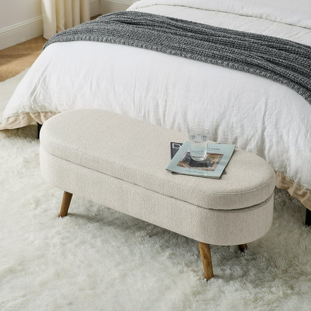 Oval Storage Ottoman Bench, 43.5" Linen Upholstered Storage Bench with Solid Wood Legs, Modern End of Bed Storage Bench Indoor Ottoman Bench with Storage for Living Room, Bedroom, Entryway, Beige